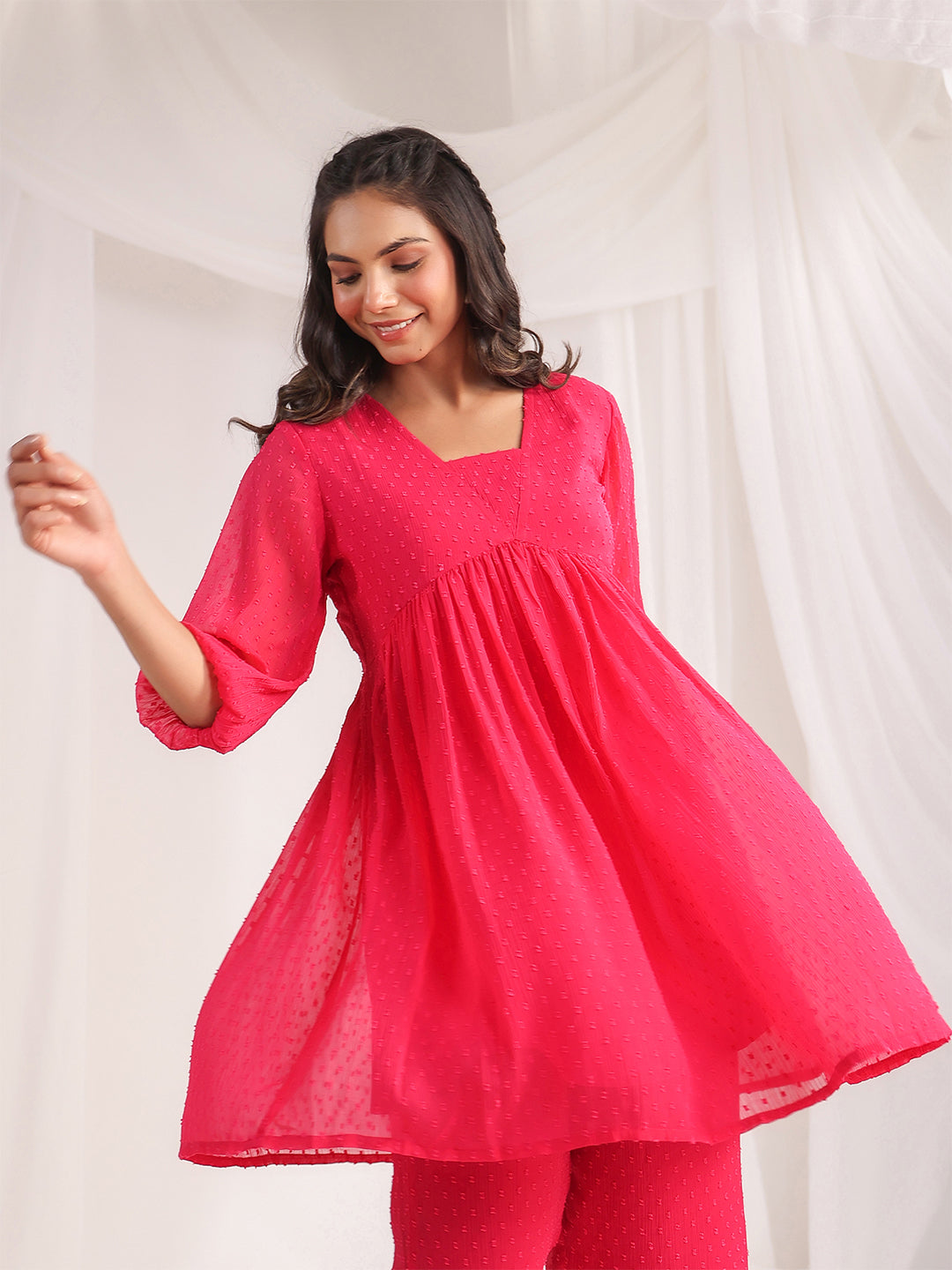 Janasya From Style Master Dobby Georgette Self Design Gathered Top & Bottom Set 