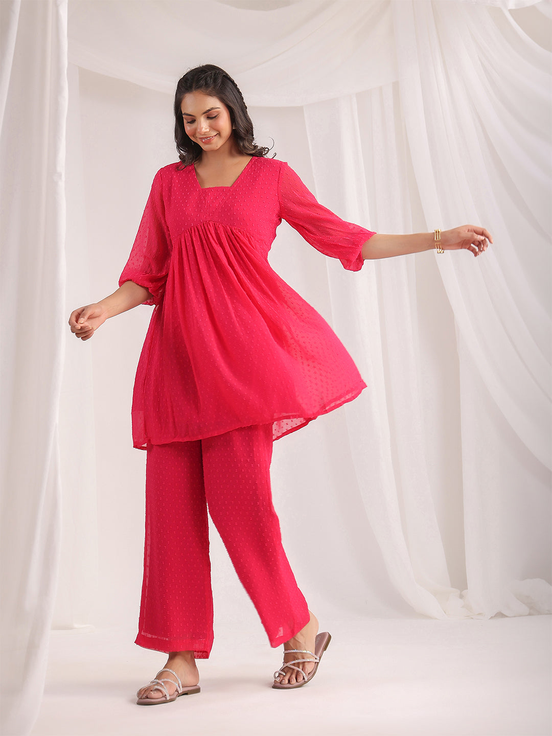 Janasya From Style Master Dobby Georgette Self Design Gathered Top & Bottom Set 