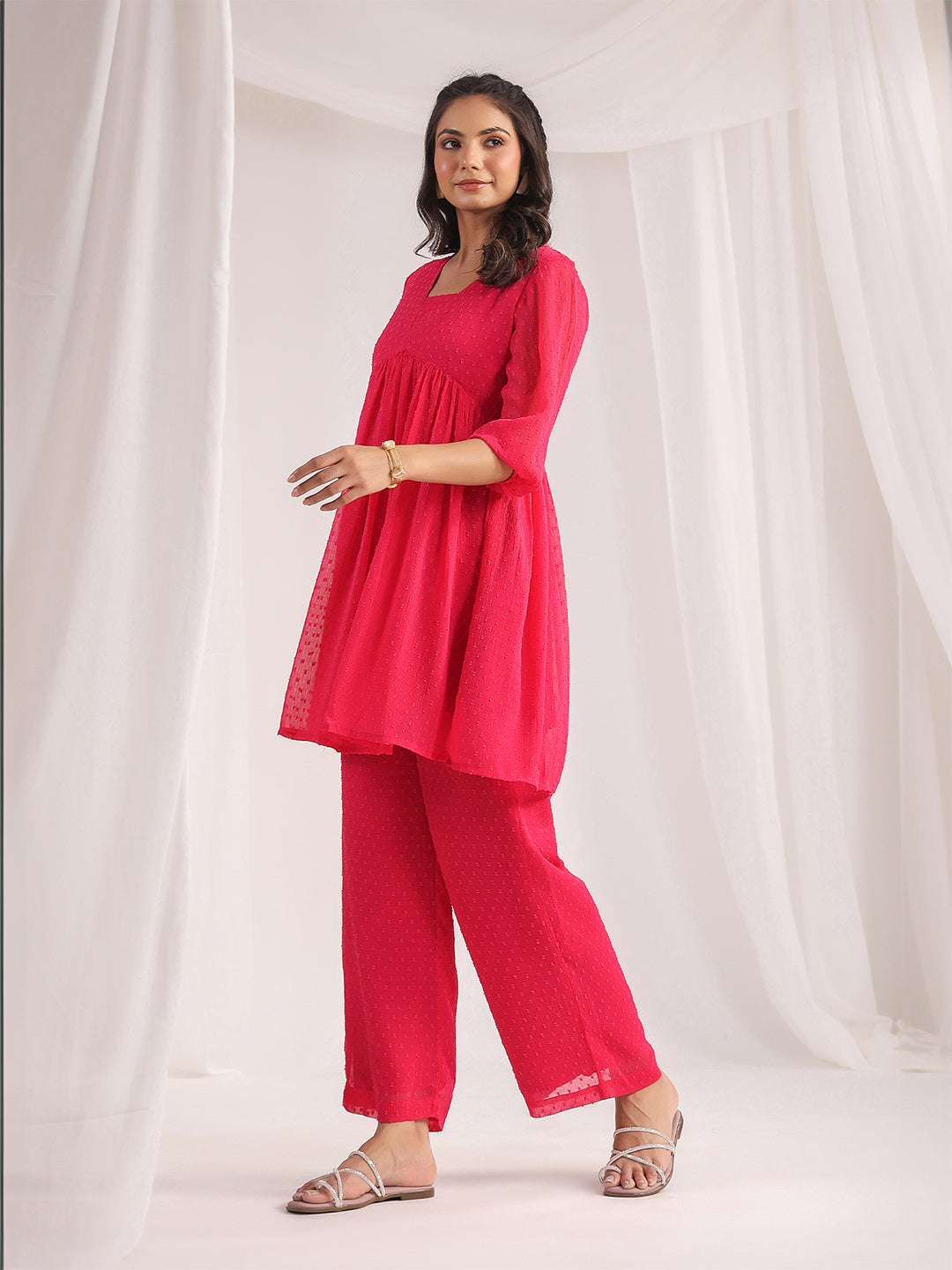 Janasya From Style Master Dobby Georgette Self Design Gathered Top & Bottom Set 