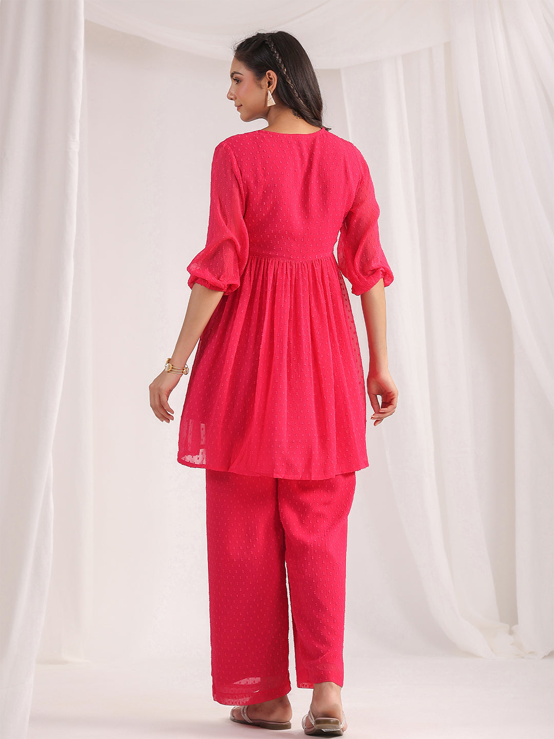 Janasya From Style Master Dobby Georgette Self Design Gathered Top & Bottom Set 