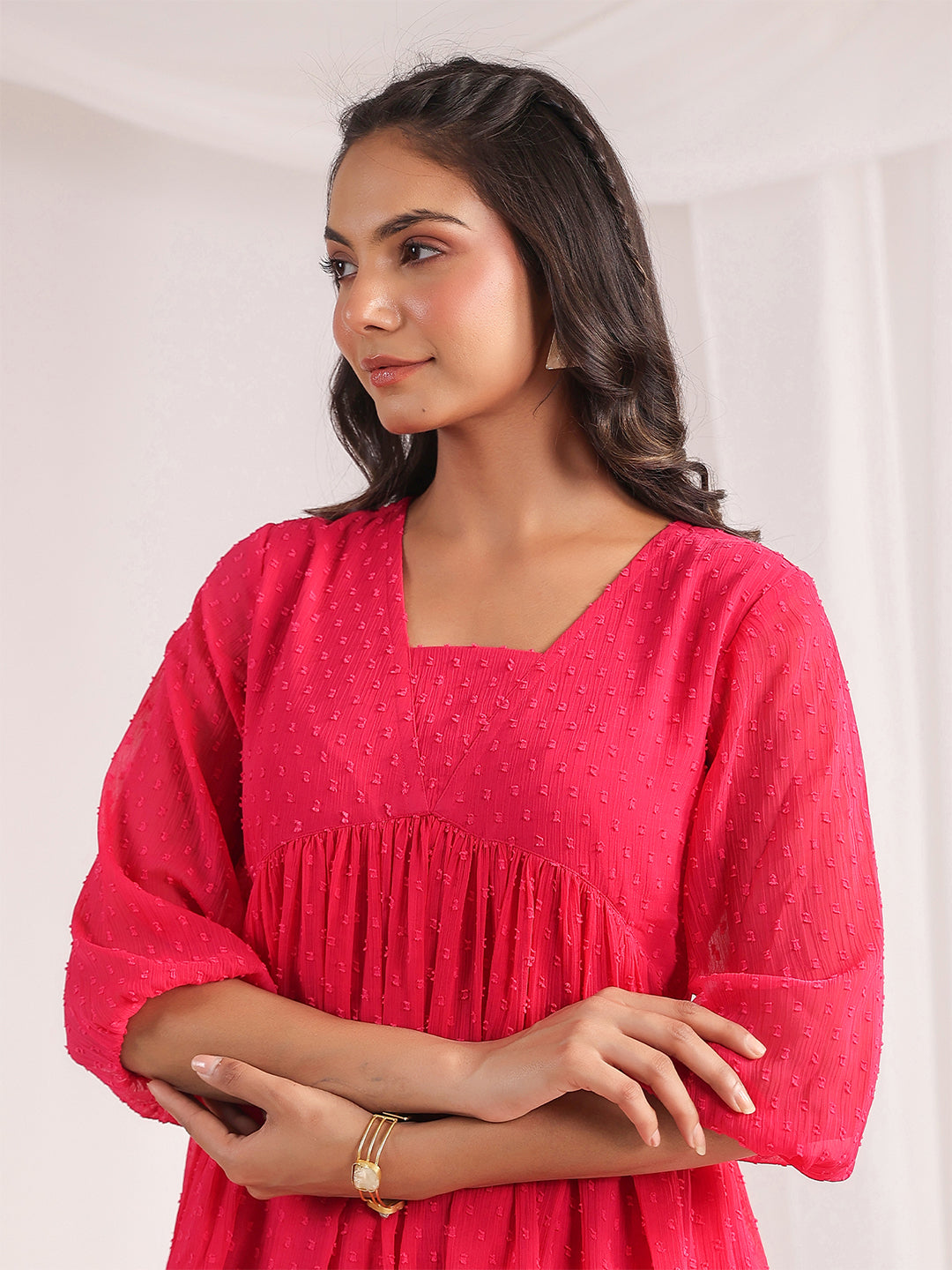 Janasya From Style Master Dobby Georgette Self Design Gathered Top & Bottom Set 