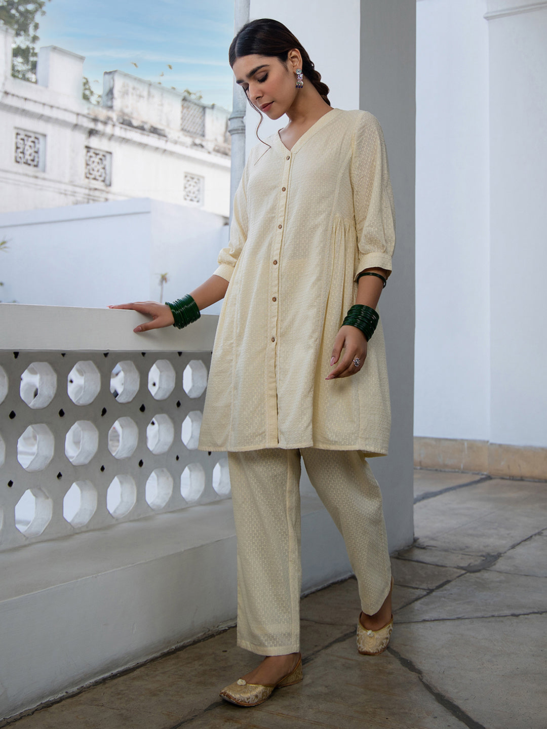 Janasya Cream Dobby Cotton Self Design Tunic & Bottom 
