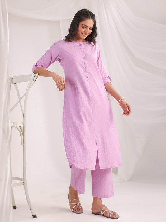 Janasya Straight Jacquard Lavender Self Design Round Neck Co-Ords 