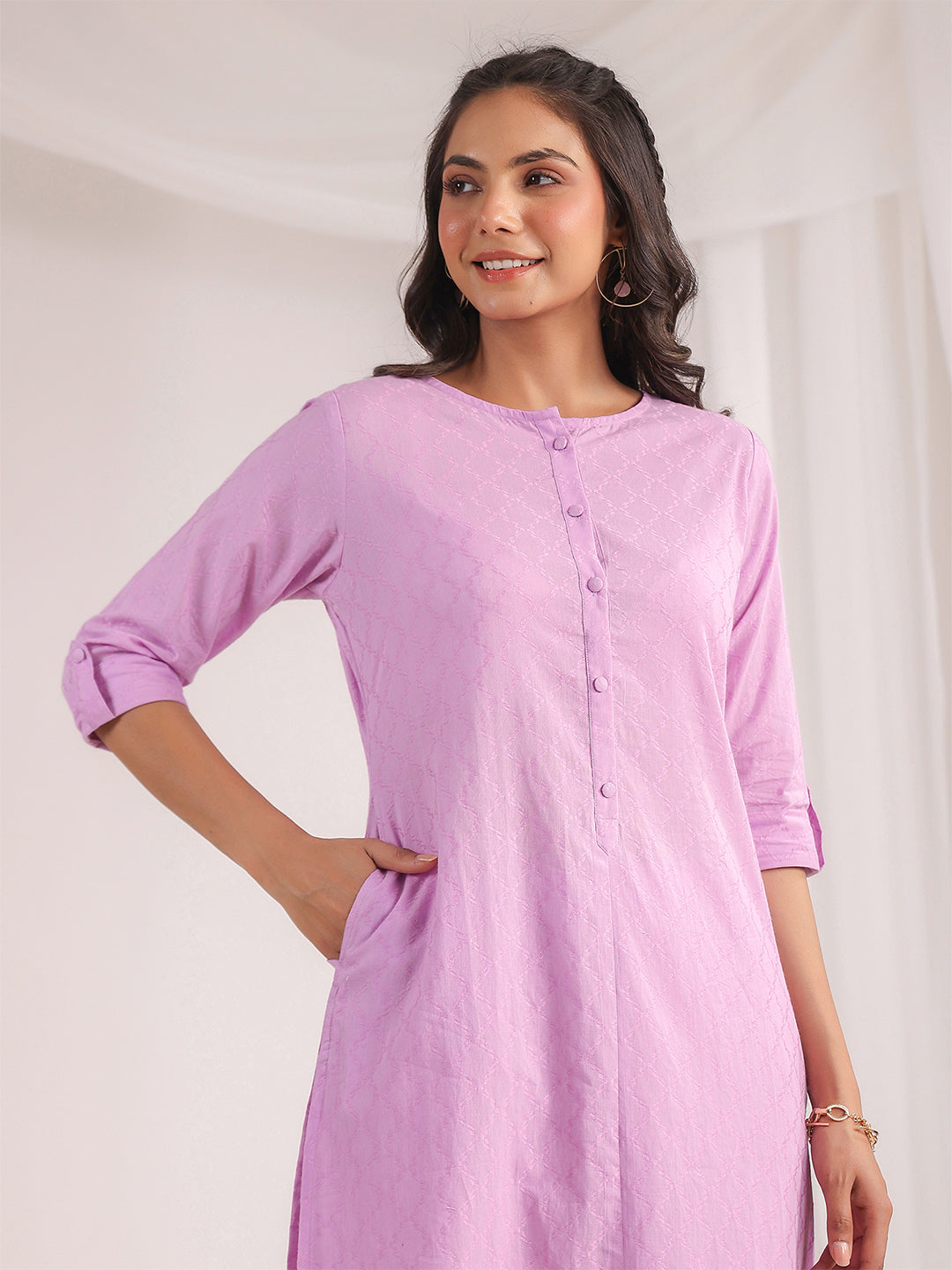 Janasya Straight Jacquard Lavender Self Design Round Neck Co-Ords 