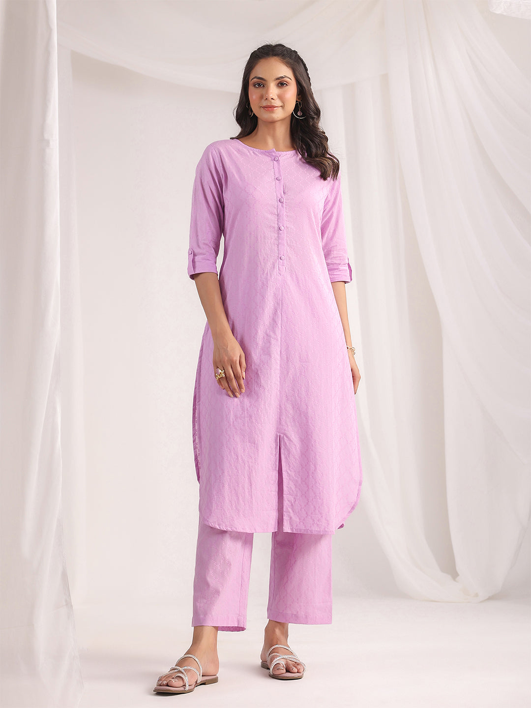 Janasya Straight Jacquard Lavender Self Design Round Neck Co-Ords 