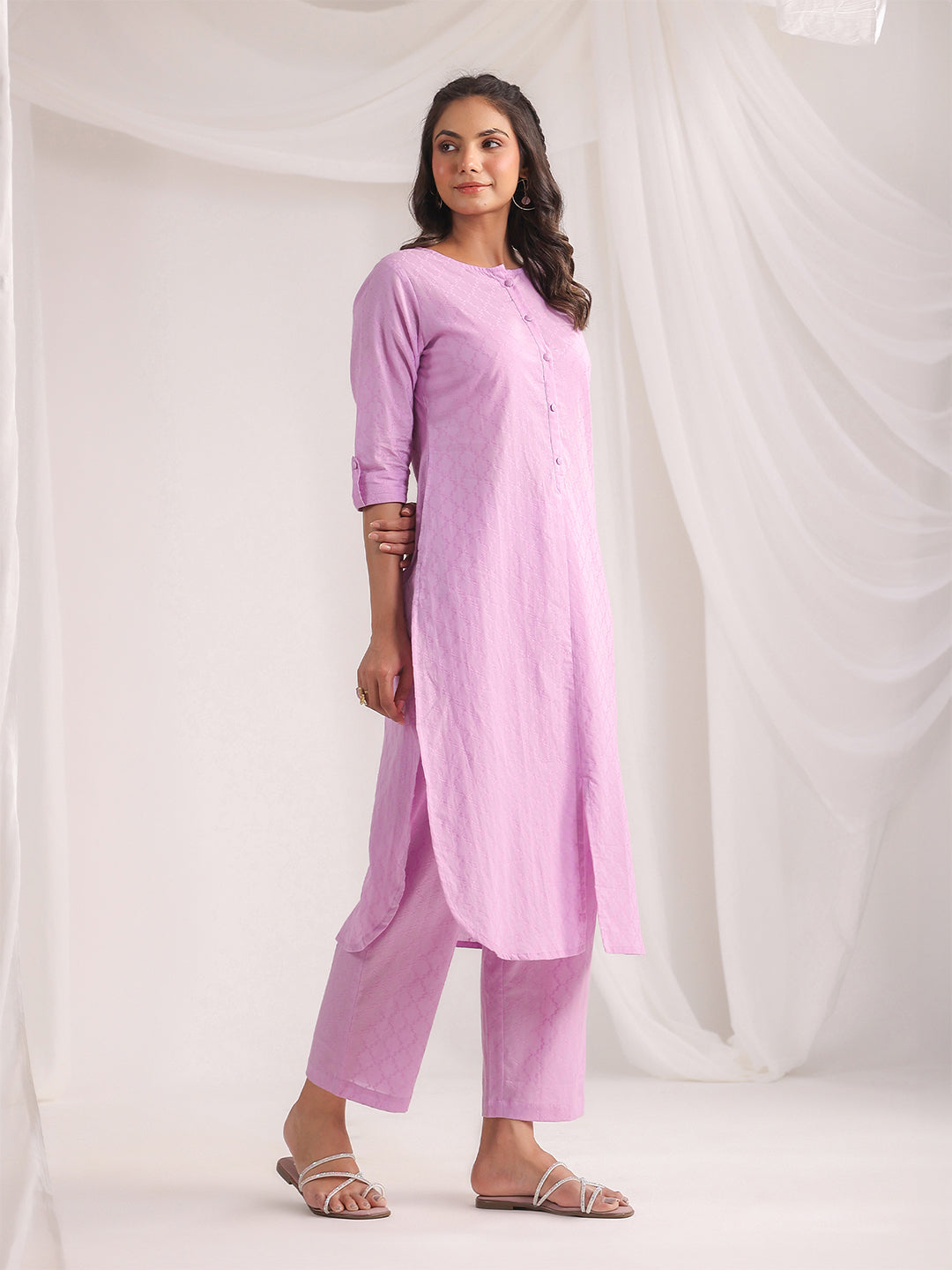 Janasya Straight Jacquard Lavender Self Design Round Neck Co-Ords 