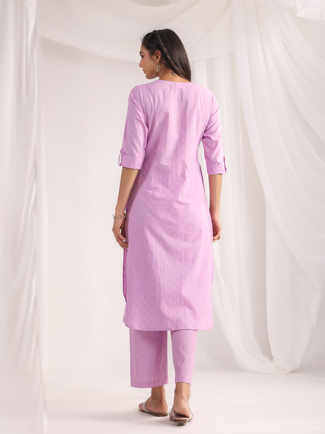 Janasya Straight Jacquard Lavender Self Design Round Neck Co-Ords 