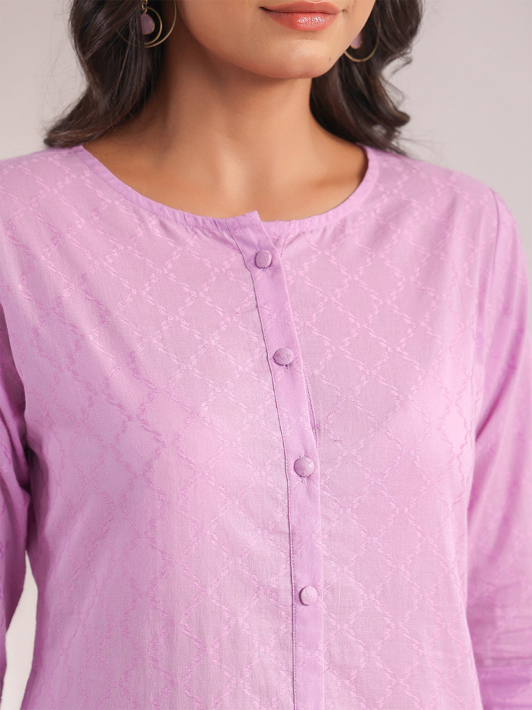 Janasya Straight Jacquard Lavender Self Design Round Neck Co-Ords 