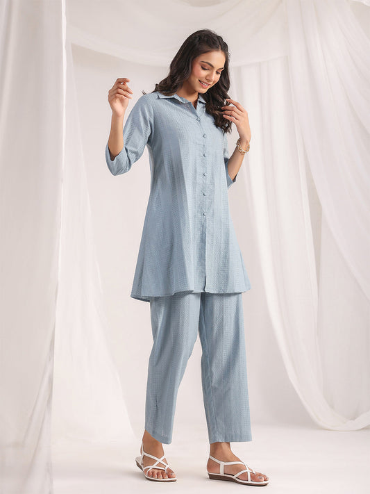 Janasya Light Jacquard Self Design Shirt Top & Bottom Set 