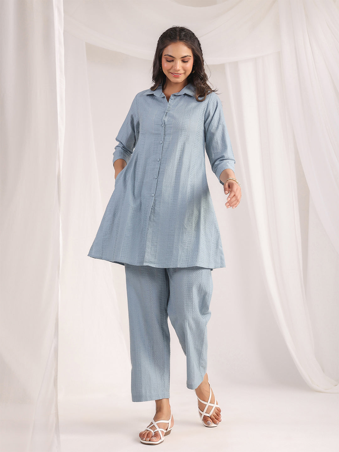 Janasya Light Jacquard Self Design Shirt Top & Bottom Set 