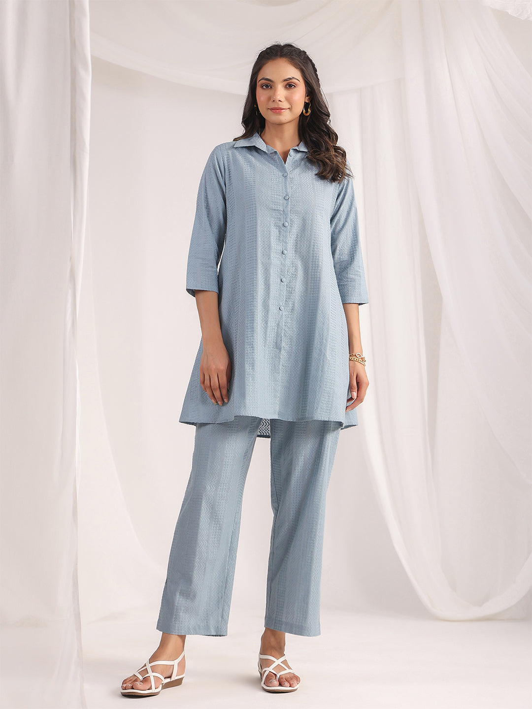 Janasya Light Jacquard Self Design Shirt Top & Bottom Set 