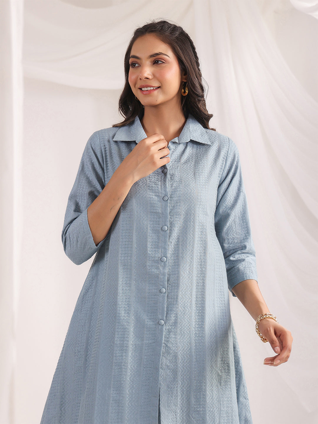 Janasya Light Jacquard Self Design Shirt Top & Bottom Set 
