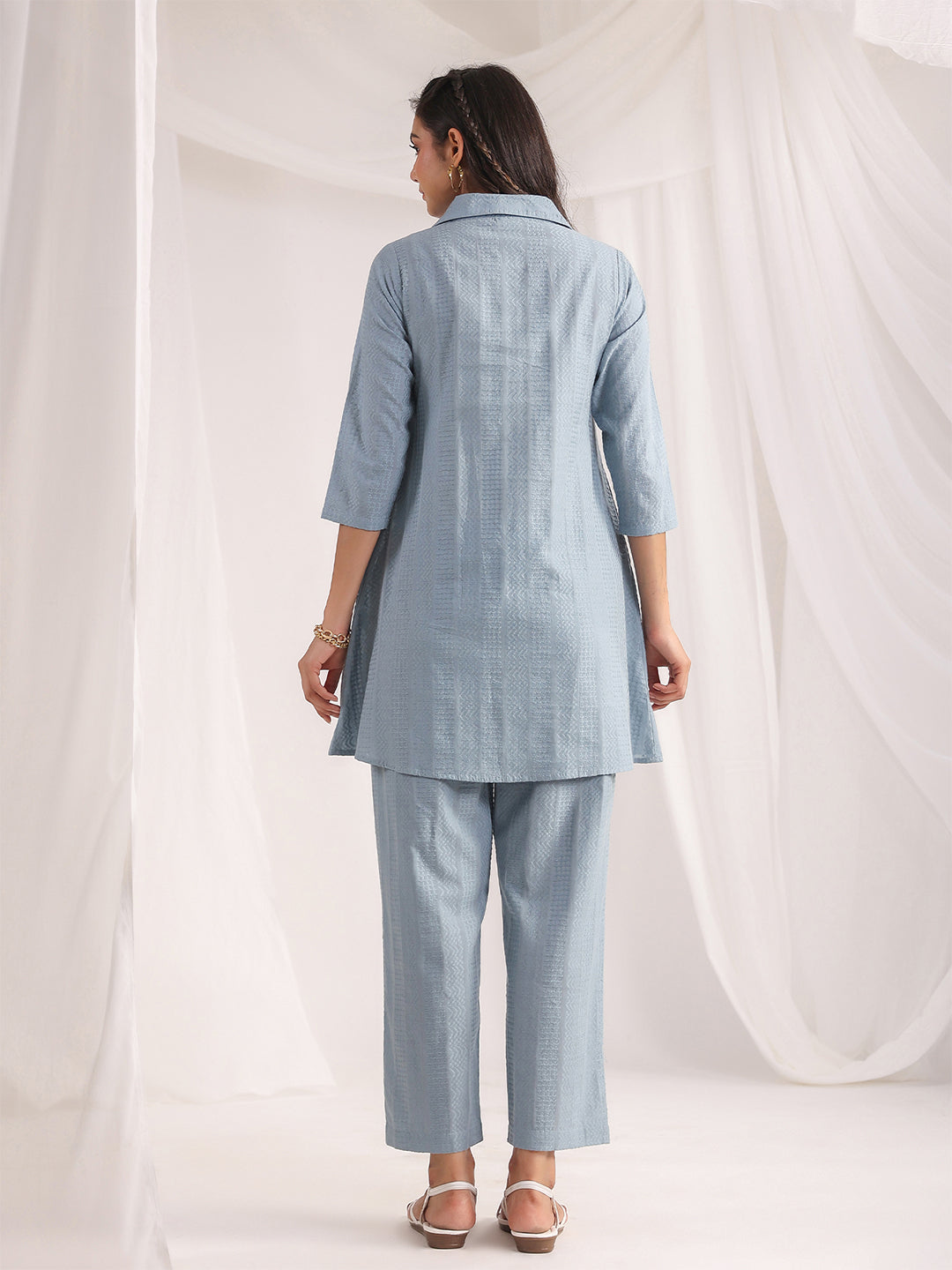 Janasya Light Jacquard Self Design Shirt Top & Bottom Set 