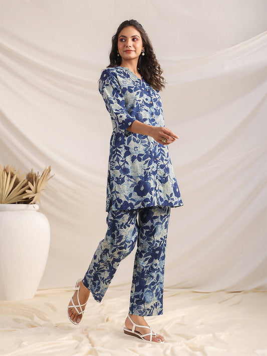 Janasya Dark Cotton Floral Straight Top & Bottom Set 