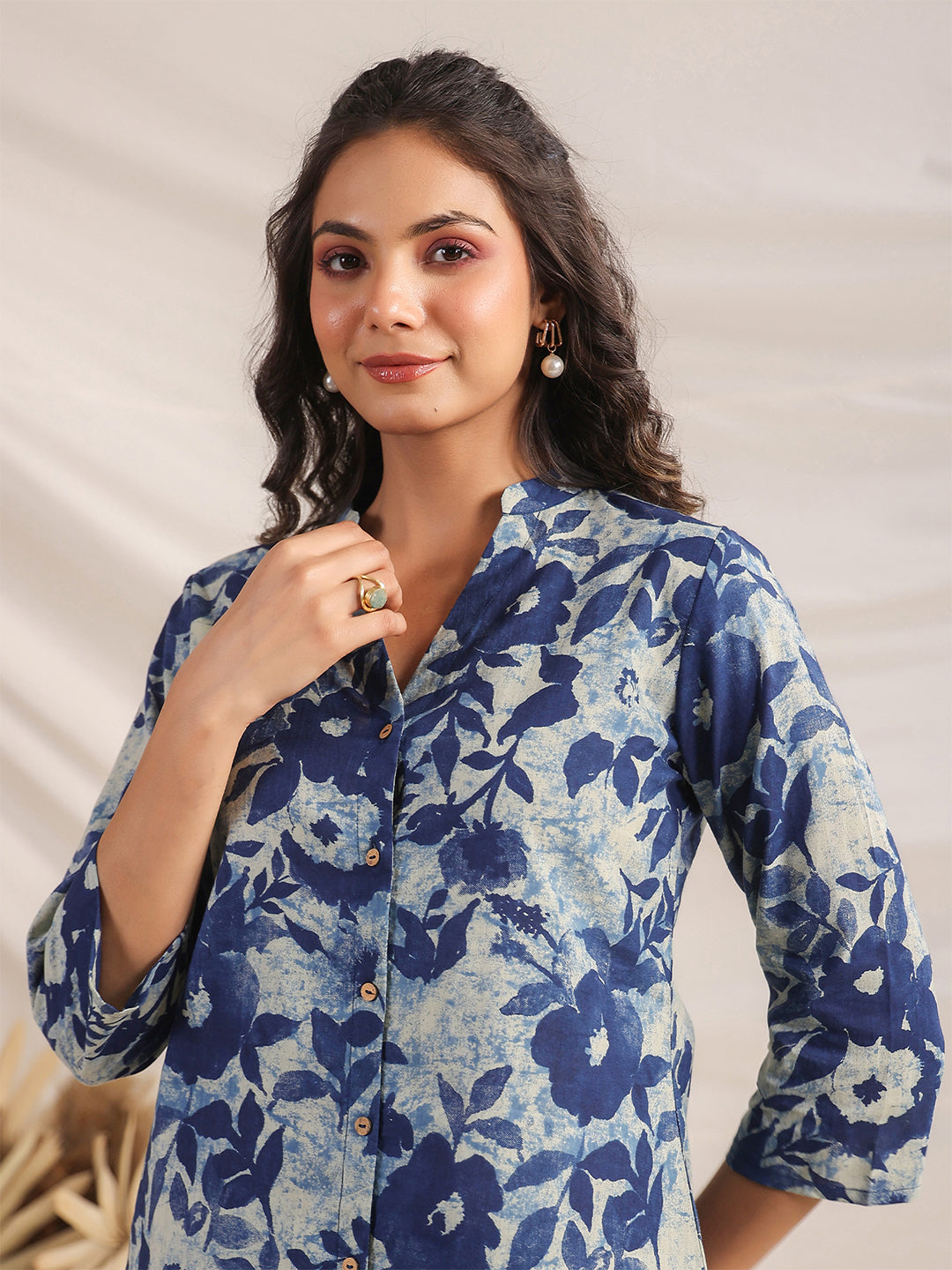Janasya Dark Cotton Floral Straight Top & Bottom Set 
