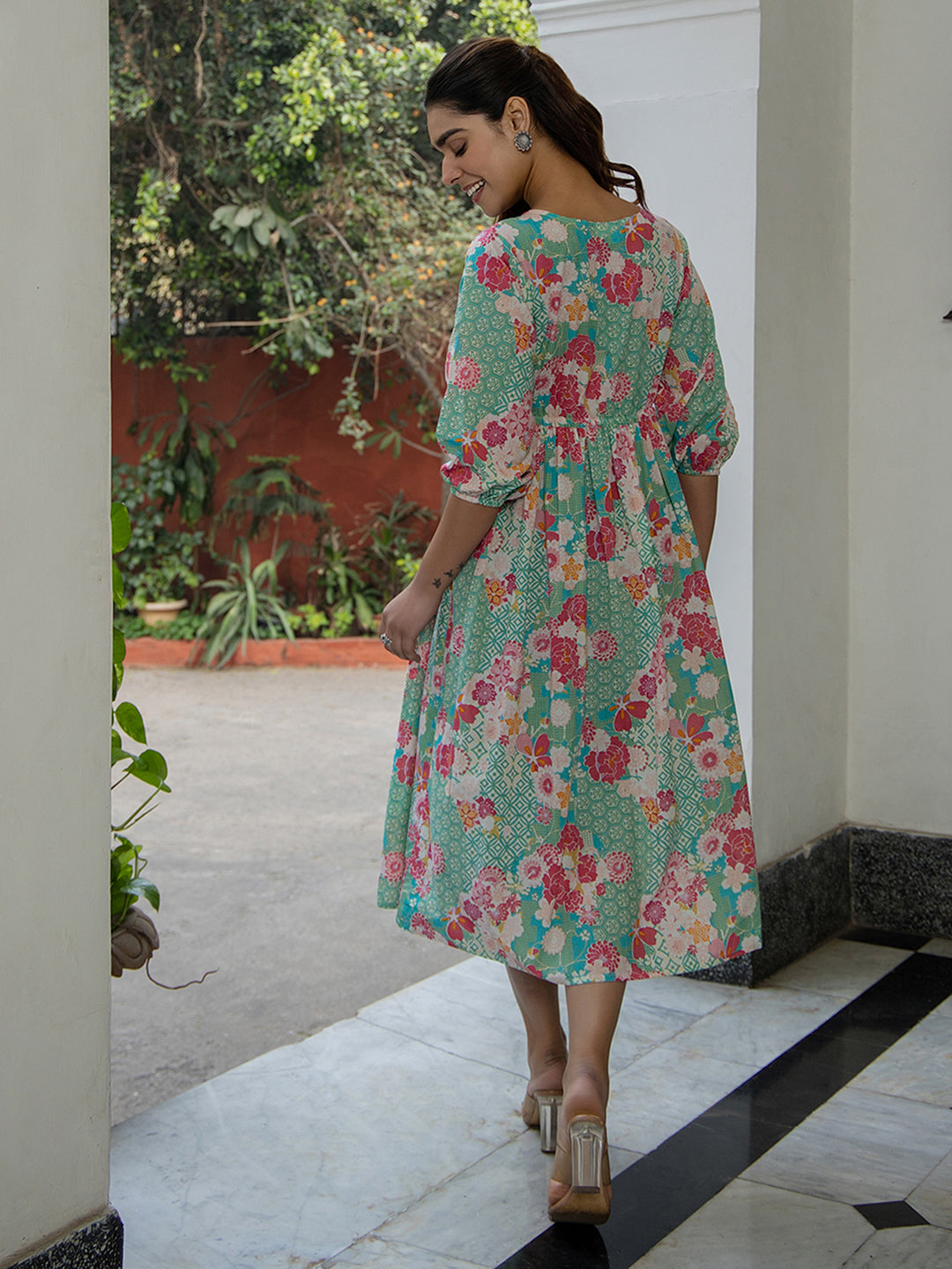 Janasya From Style Master Cotton Floral Fit & Flare Dress 