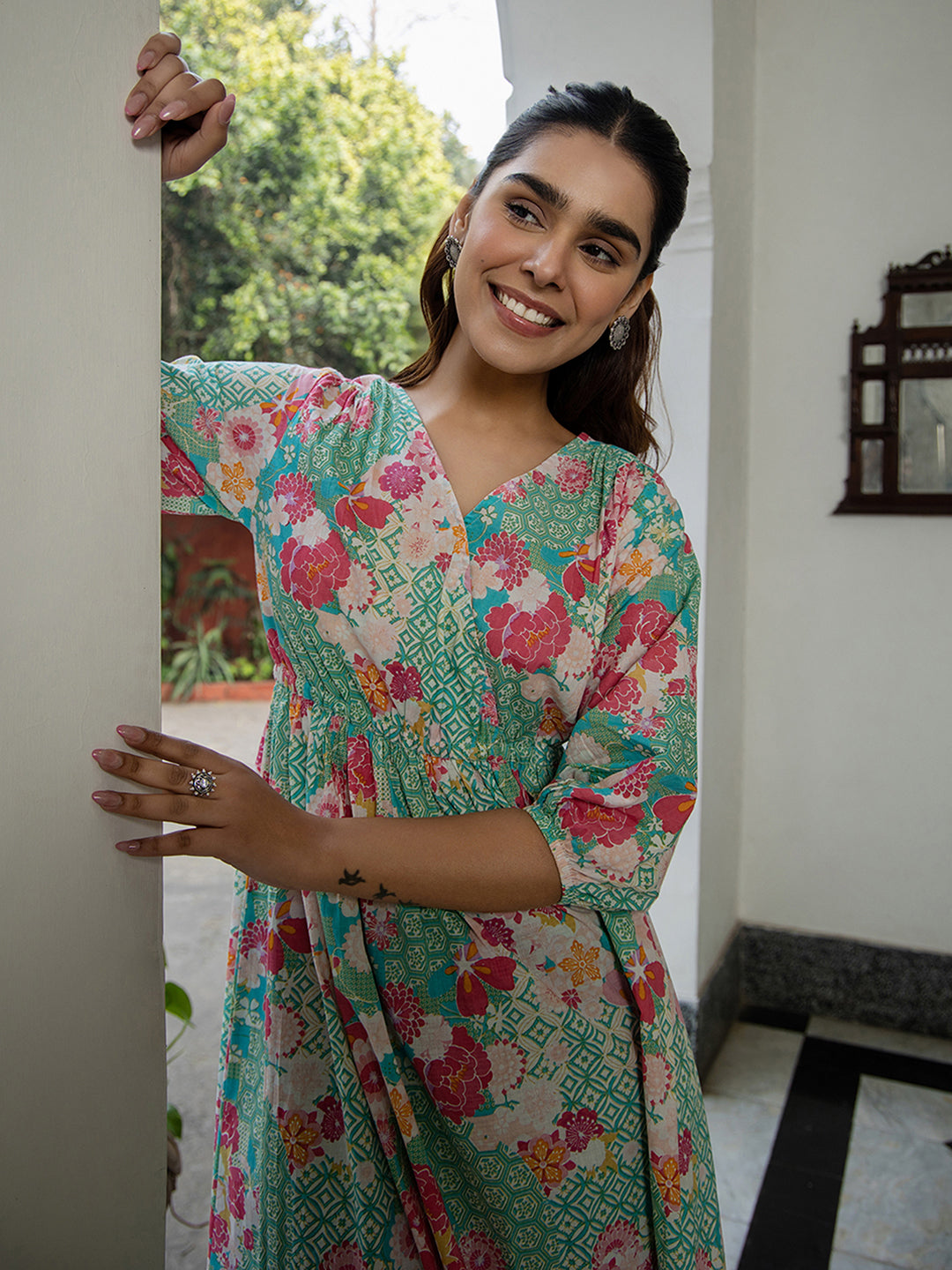 Janasya From Style Master Cotton Floral Fit & Flare Dress 