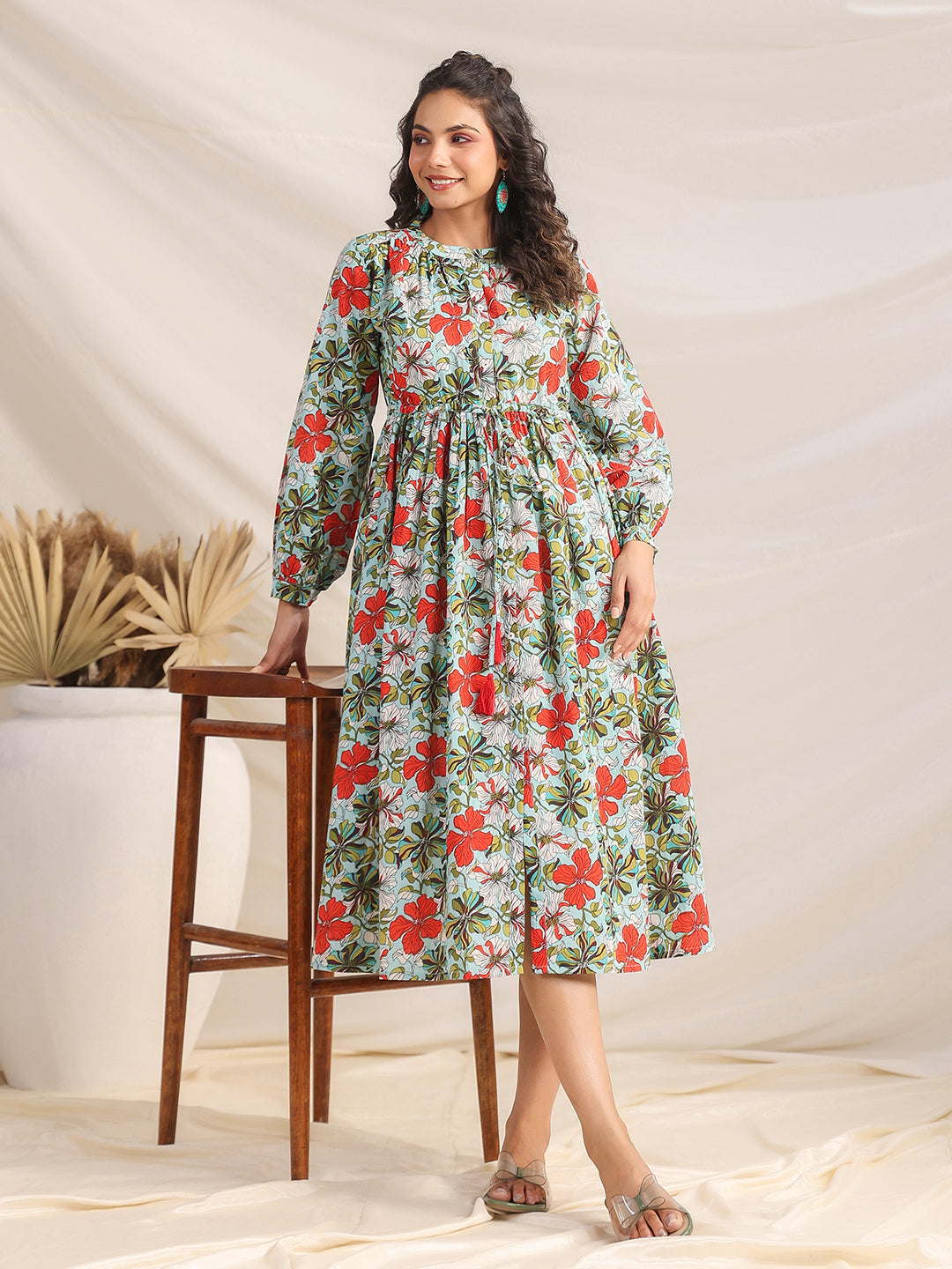 Janasya Pleated Cambric Blue Floral Band Collar Dress 