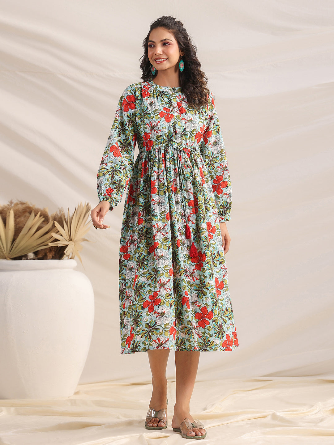 Janasya Pleated Cambric Blue Floral Band Collar Dress 