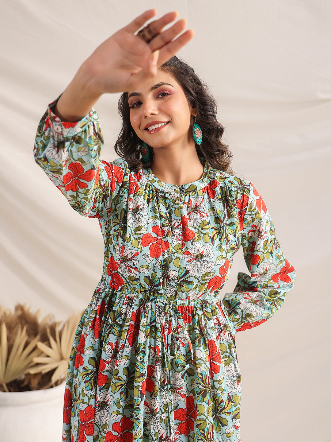 Janasya Pleated Cambric Blue Floral Band Collar Dress 