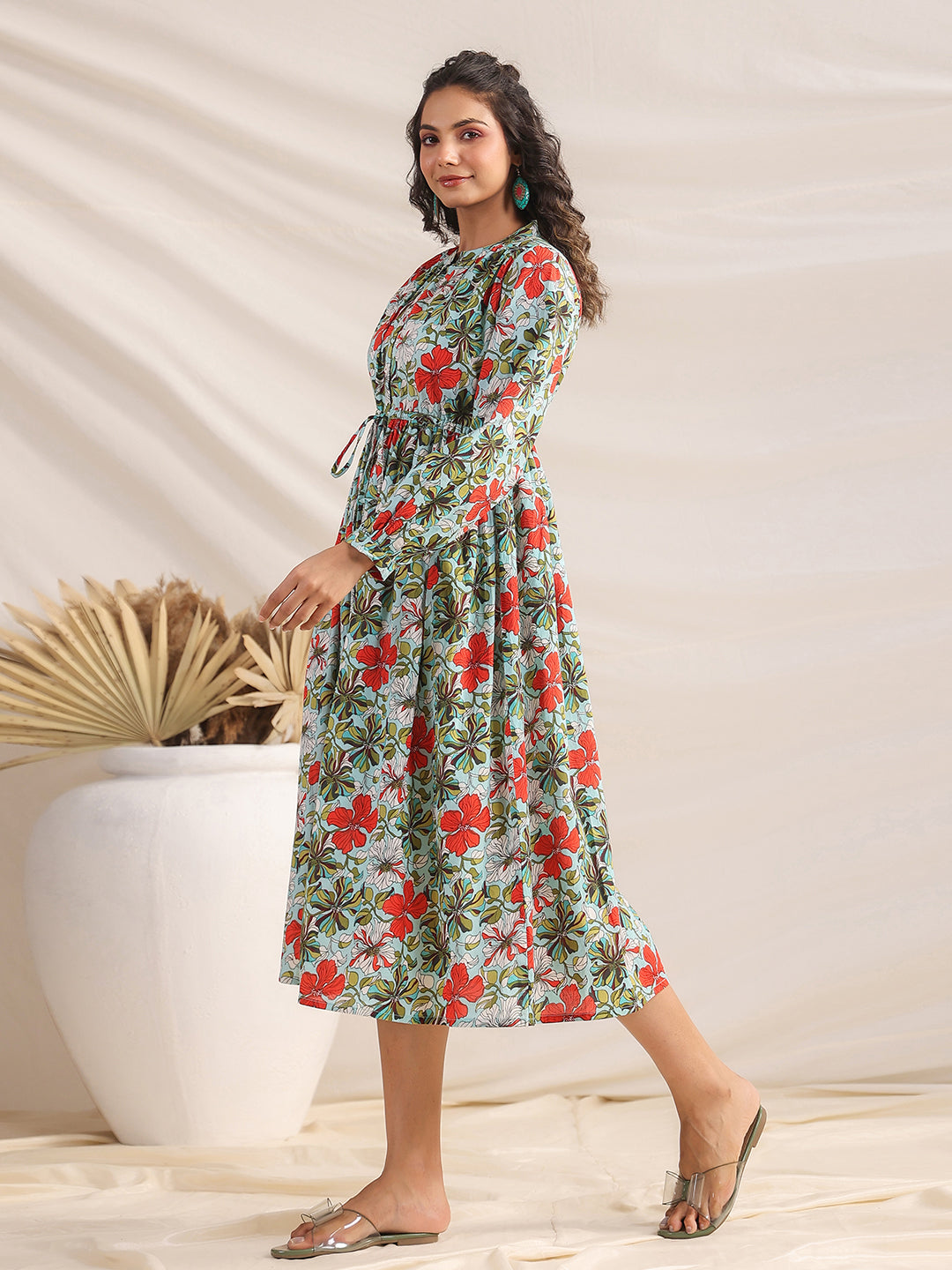 Janasya Pleated Cambric Blue Floral Band Collar Dress 
