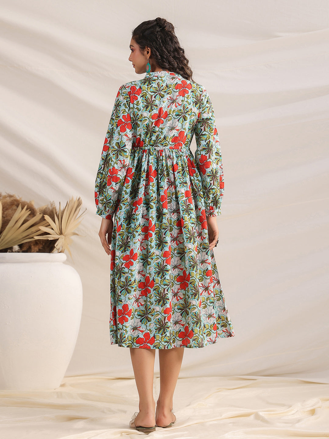 Janasya Pleated Cambric Blue Floral Band Collar Dress 