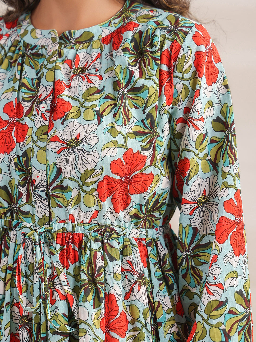 Janasya Pleated Cambric Blue Floral Band Collar Dress 