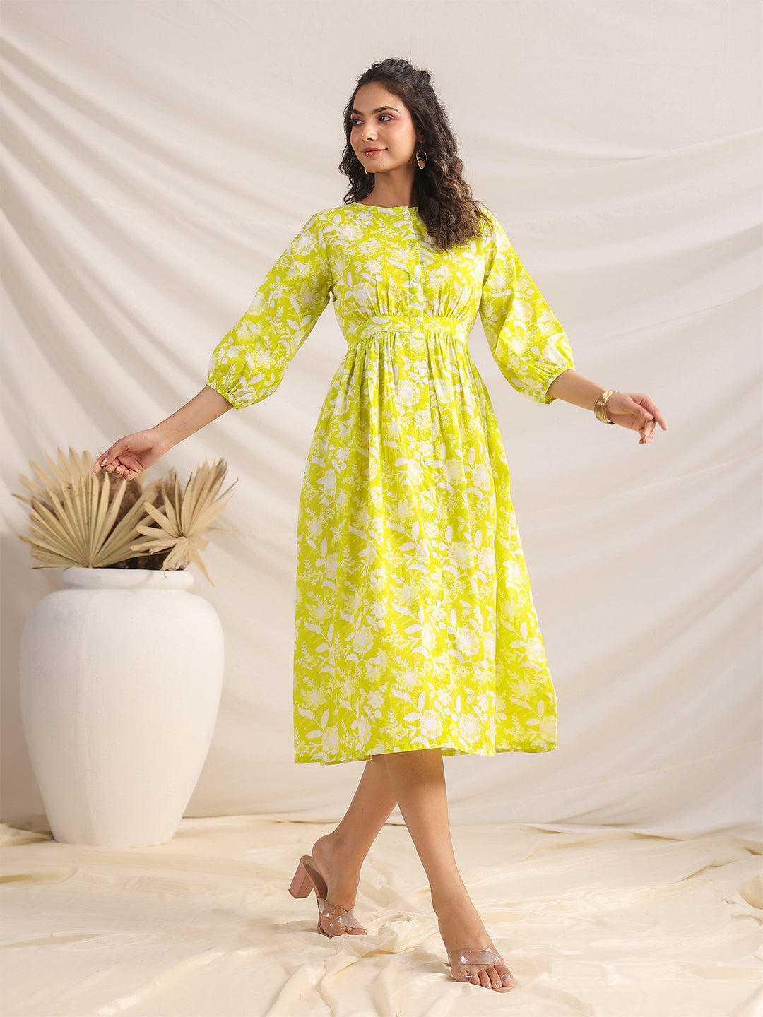 Janasya Lime Cambric Floral Dress 