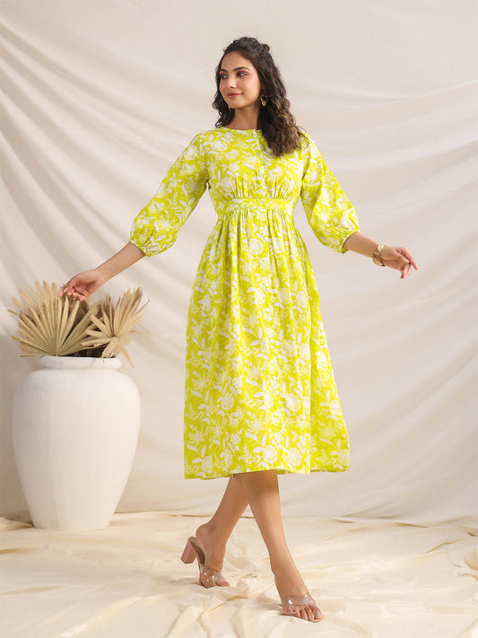 Janasya Lime Cambric Floral Dress 