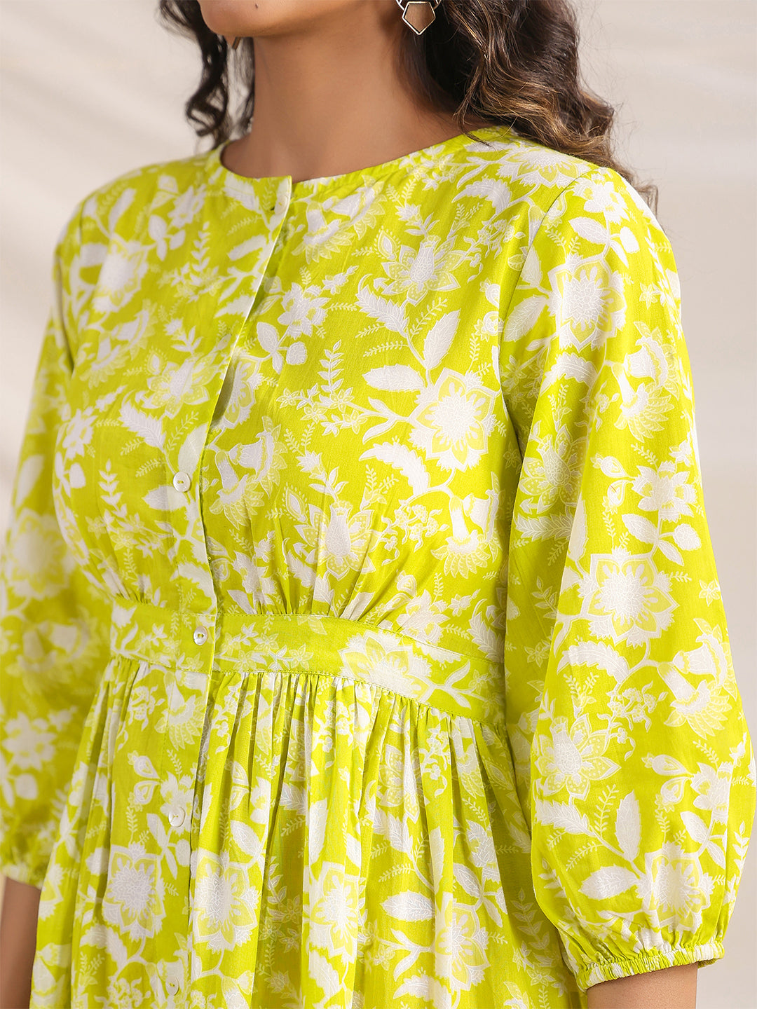 Janasya Lime Cambric Floral Dress 