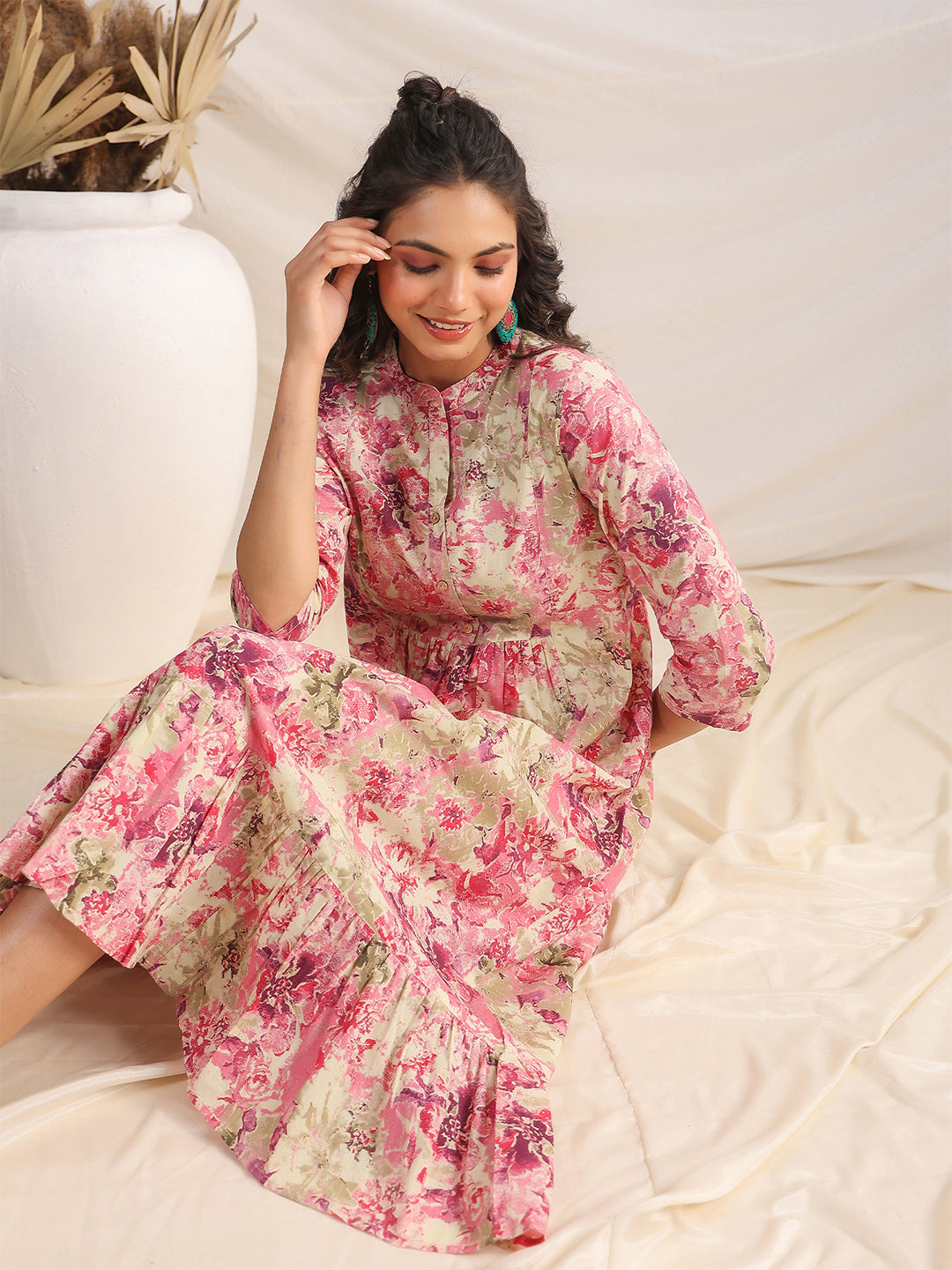 Janasya Light Cotton Abstract Gathered Dress 