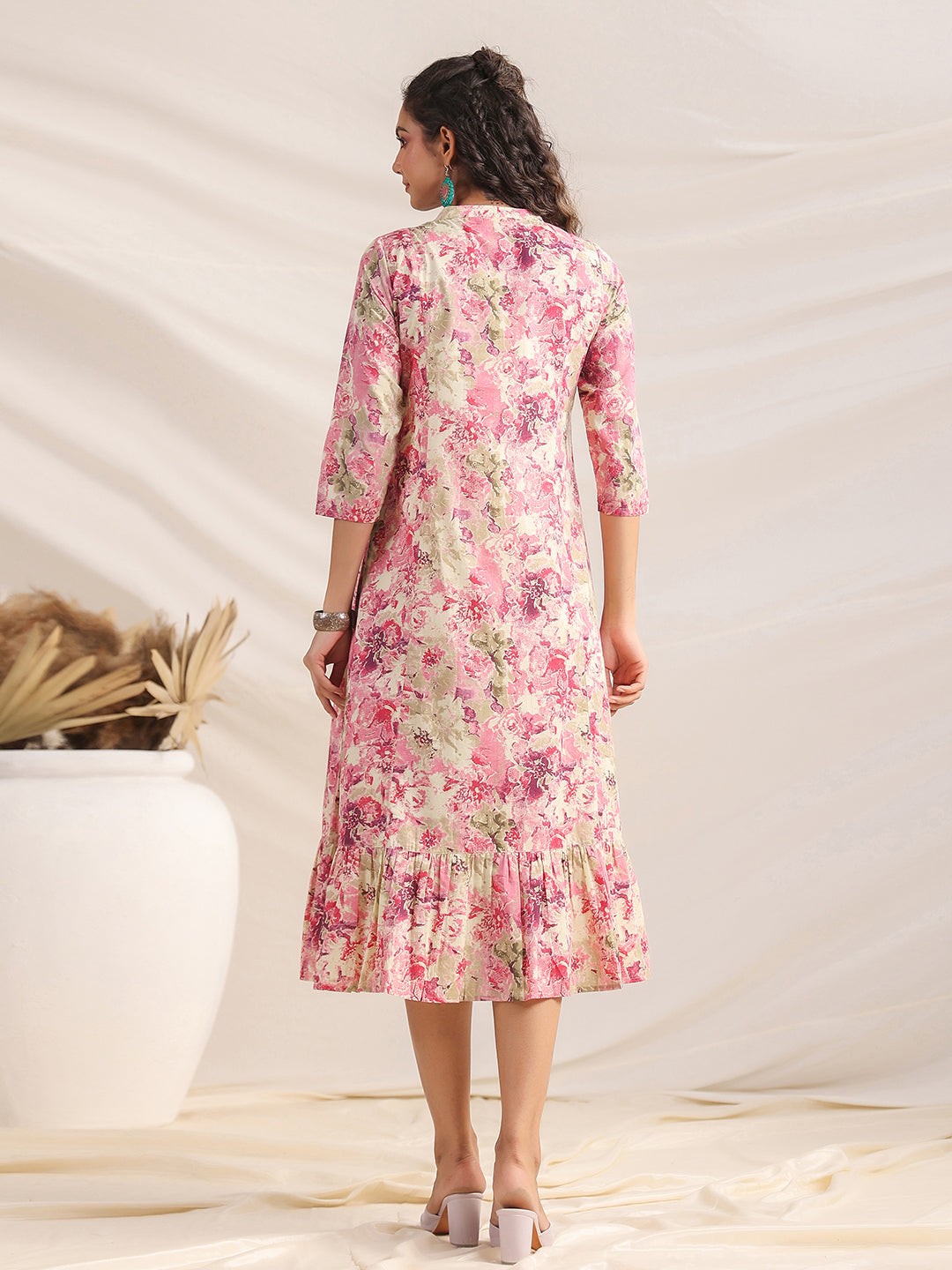 Janasya Light Cotton Abstract Gathered Dress 