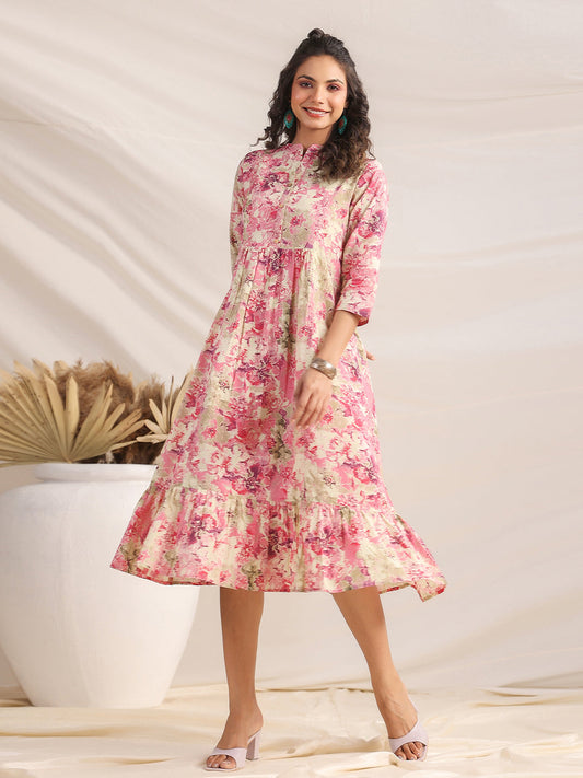 Janasya Light Cotton Abstract Gathered Dress 