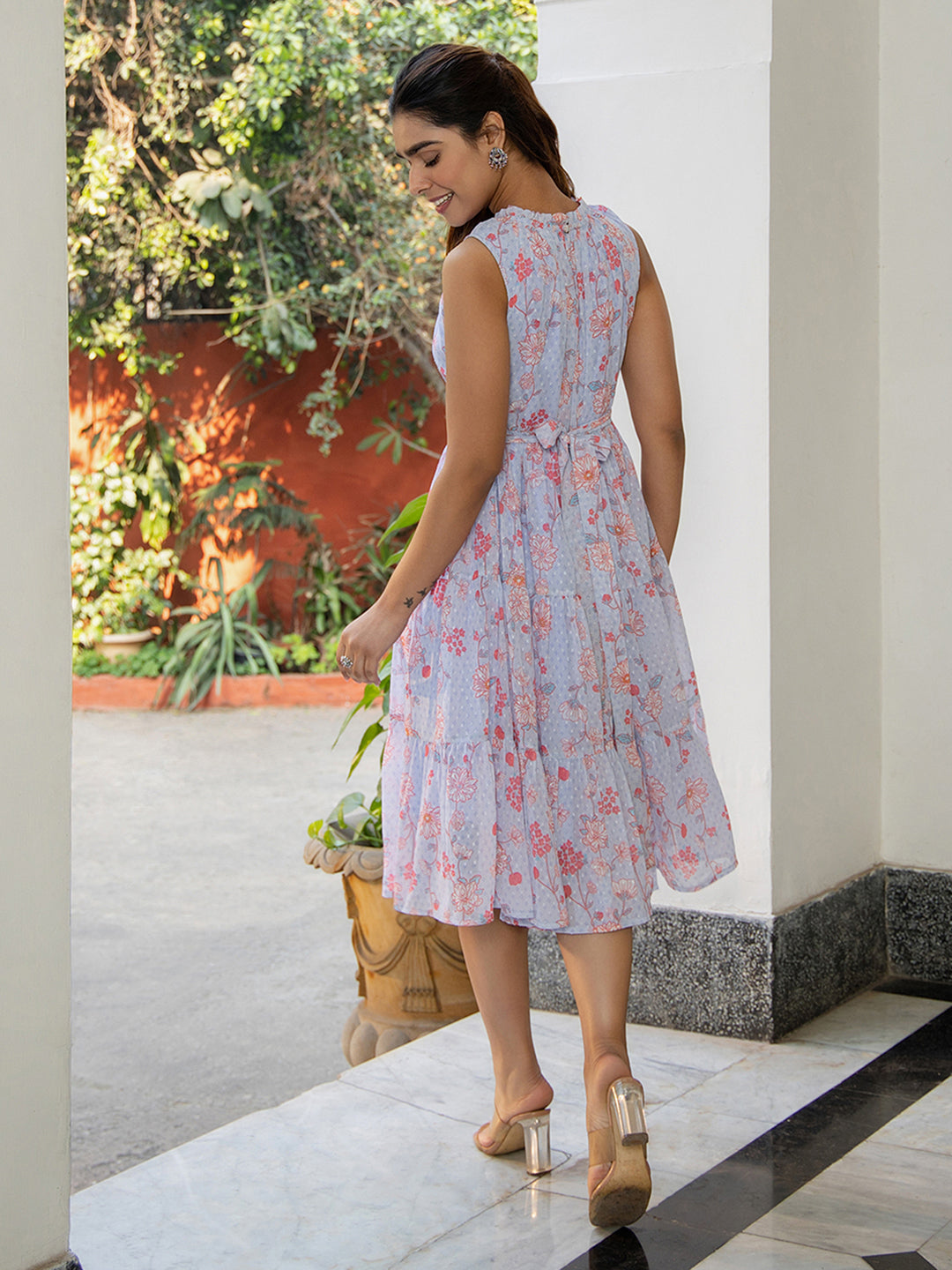 Janasya Lavender Dobby Georgette Floral Tiered Dress 