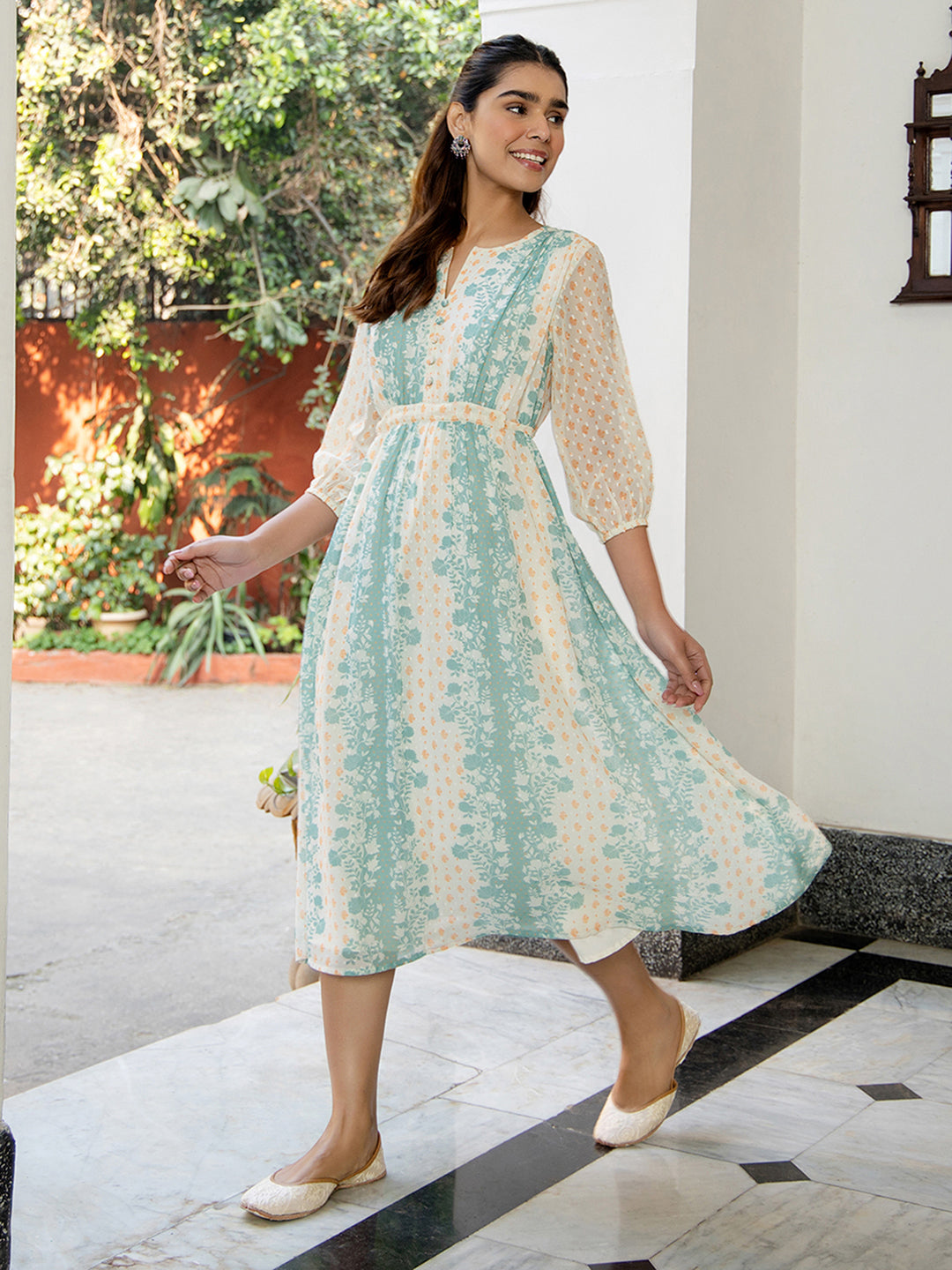 Janasya Off White Dobby Georgette Floral Flared Dress 