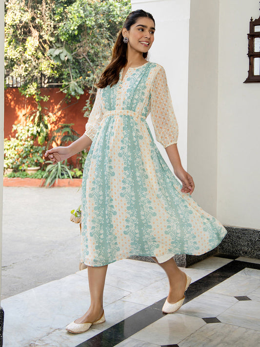 Janasya Off White Dobby Georgette Floral Flared Dress 