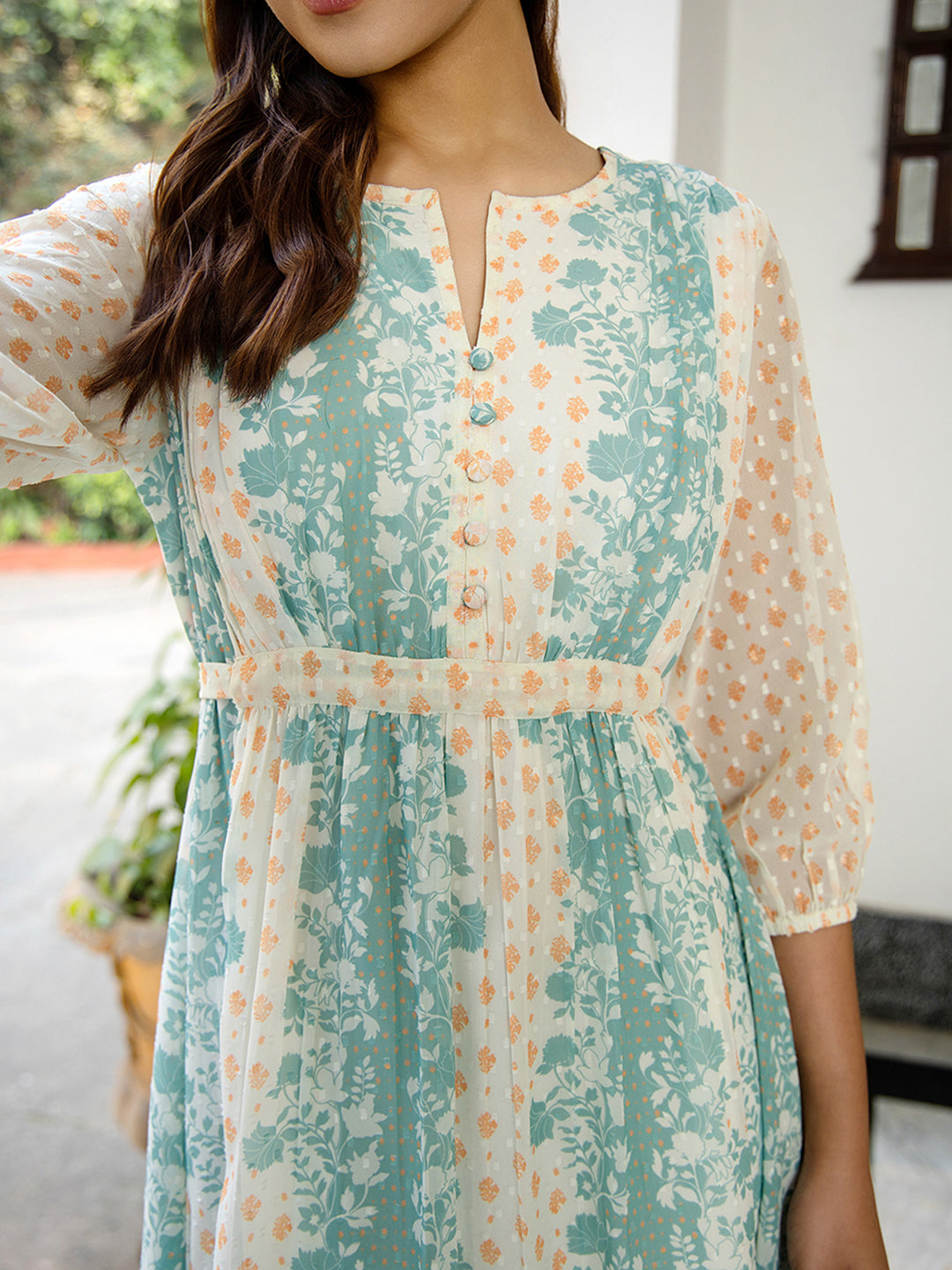 Janasya Off White Dobby Georgette Floral Flared Dress 