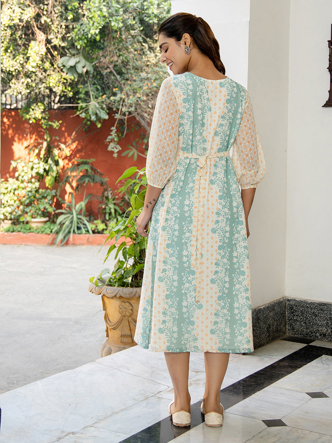 Janasya Off White Dobby Georgette Floral Flared Dress 