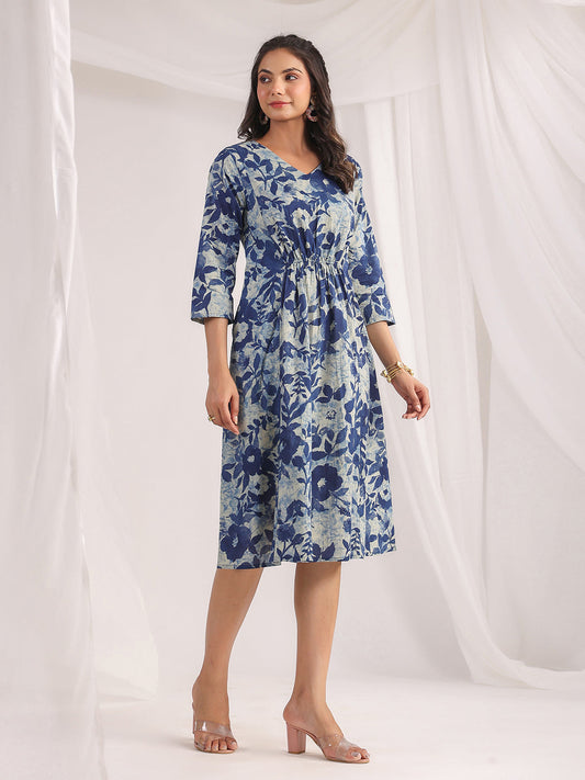 Janasya Indigo Cambric Floral Dress 