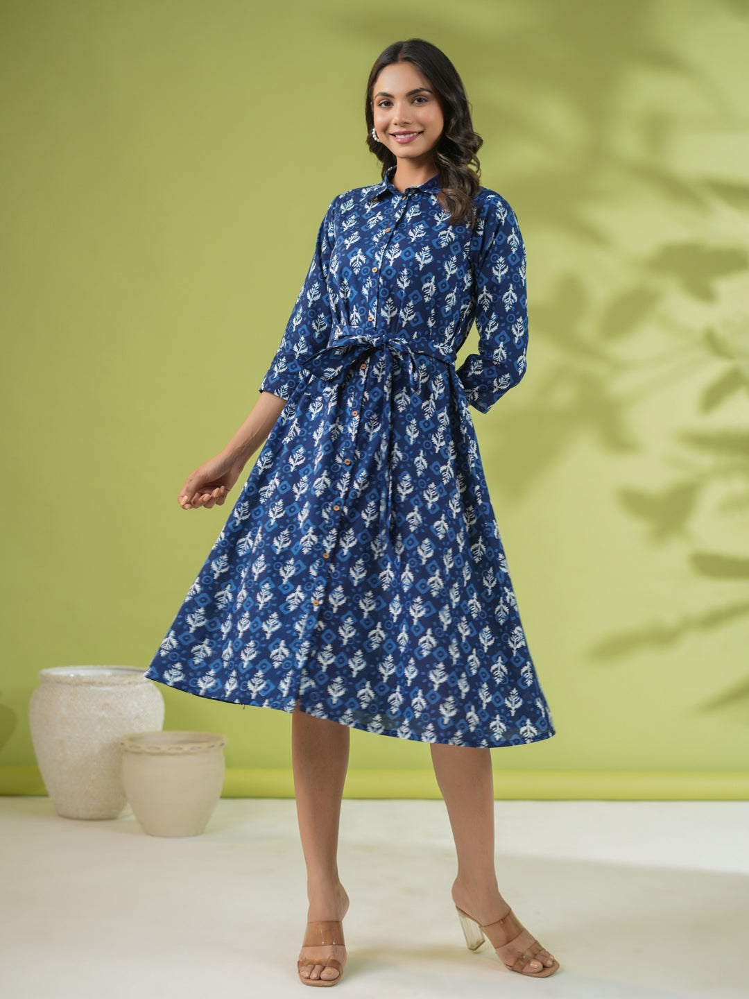 Janasya Dark Cotton Ethnic Motifs Shirt Dress Dress 