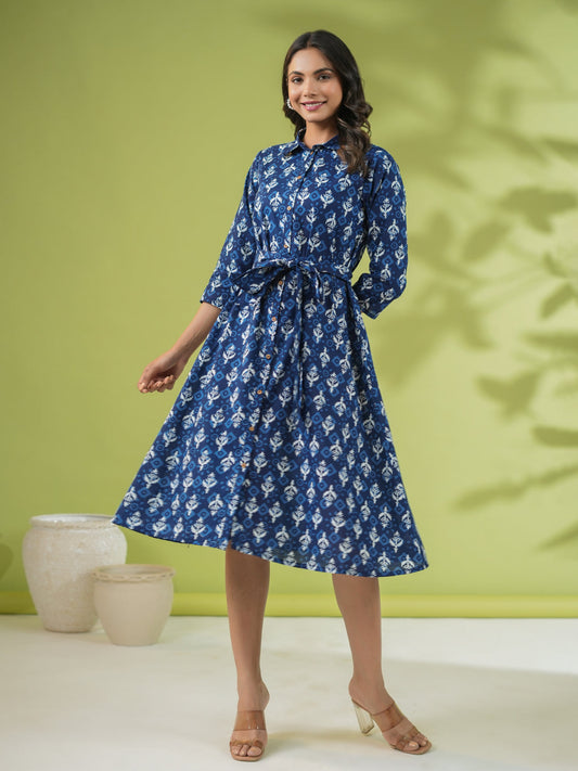 Janasya Dark Cotton Ethnic Motifs Shirt Dress Dress 