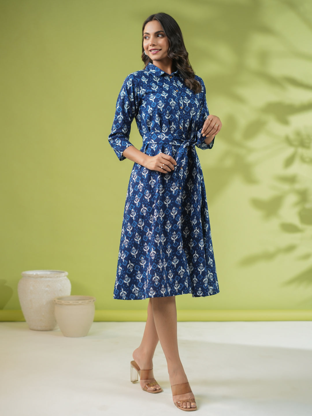Janasya Dark Cotton Ethnic Motifs Shirt Dress Dress 