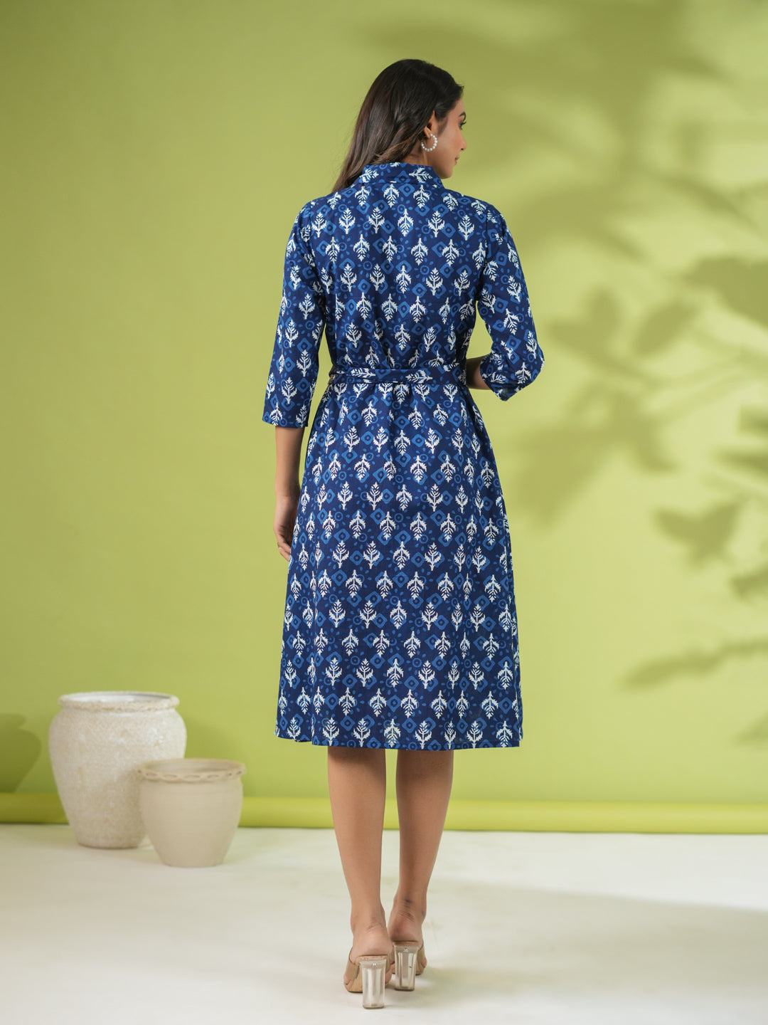 Janasya Dark Cotton Ethnic Motifs Shirt Dress Dress 