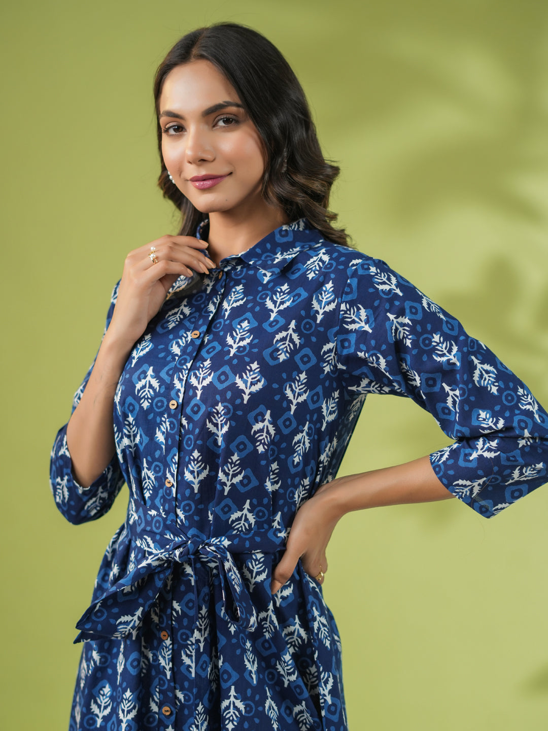 Janasya Dark Cotton Ethnic Motifs Shirt Dress Dress 