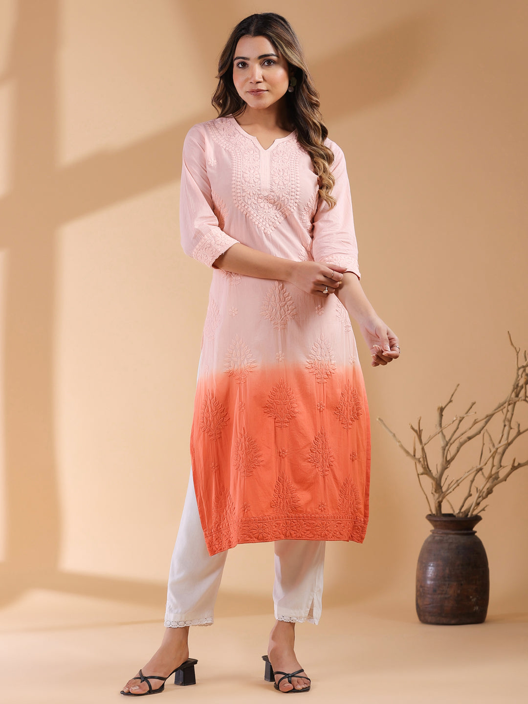 Janasya Bright Cotton Ombre Straight Kurta 
