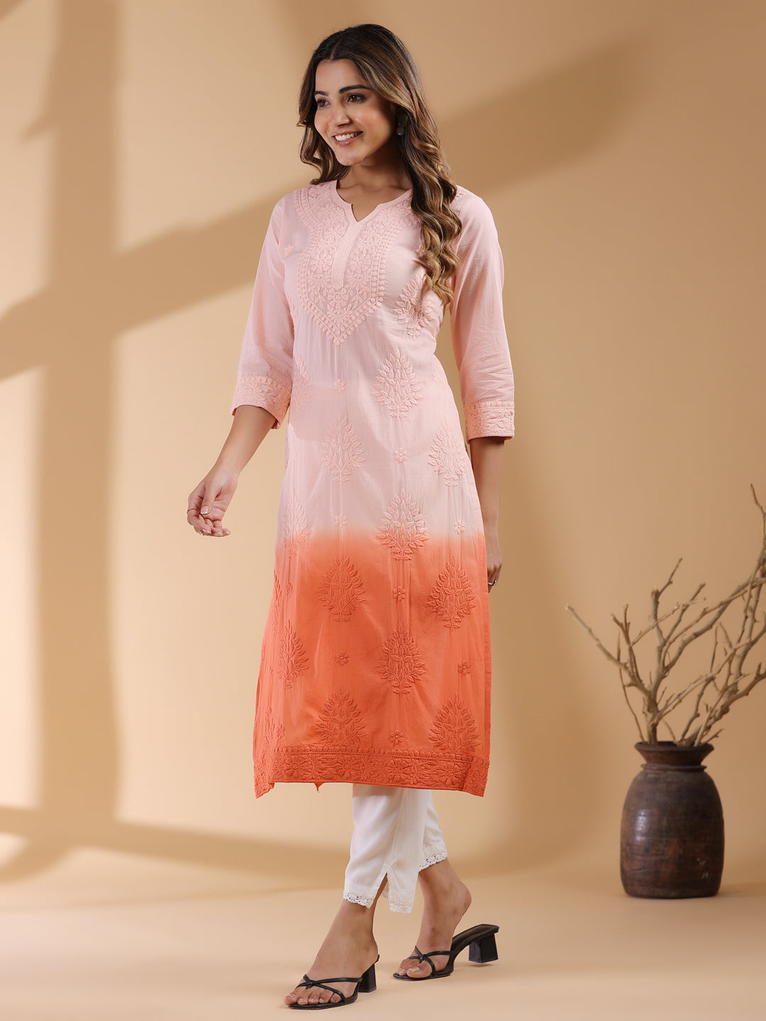 Janasya Bright Cotton Ombre Straight Kurta 