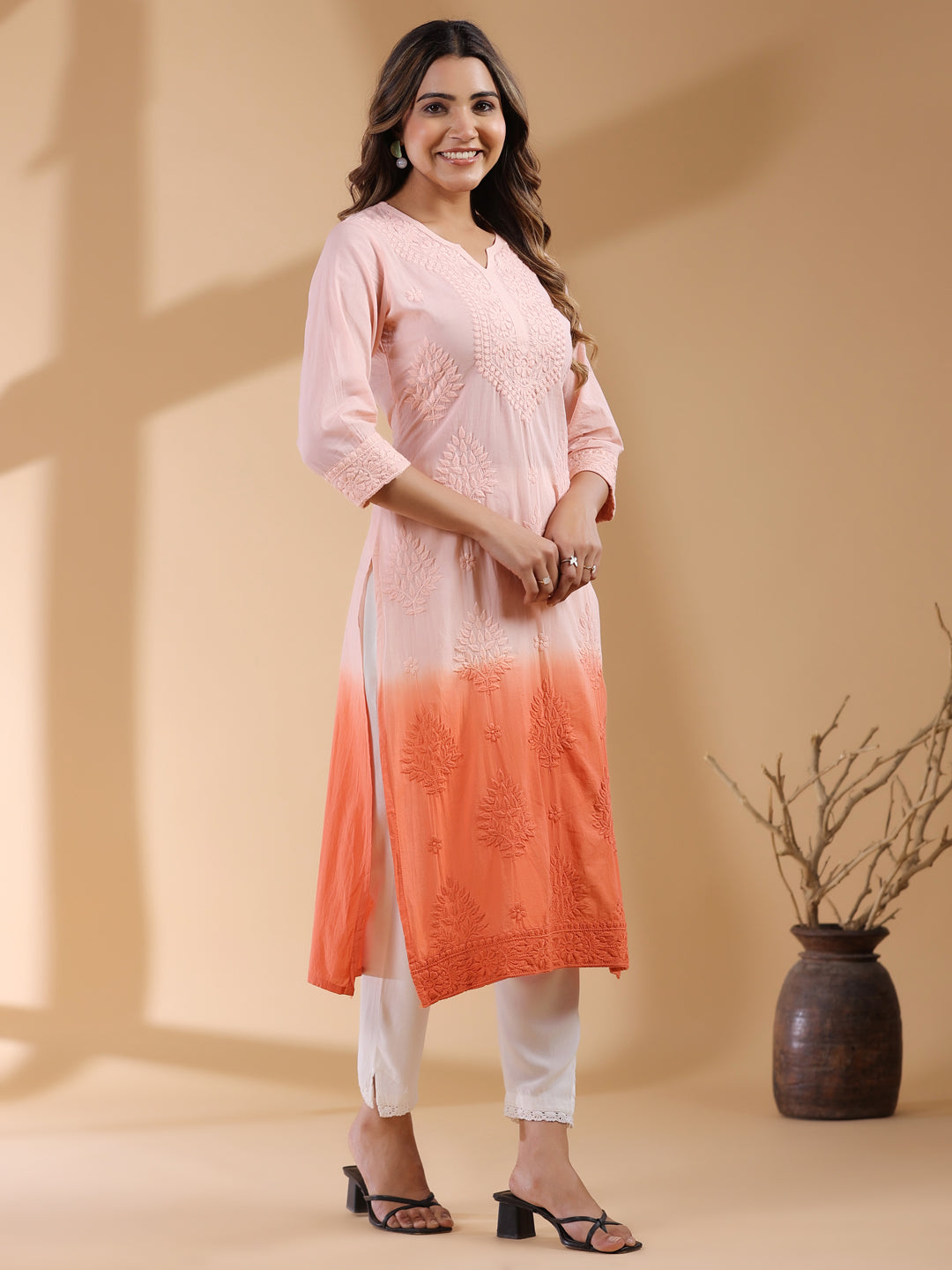 Janasya Bright Cotton Ombre Straight Kurta 