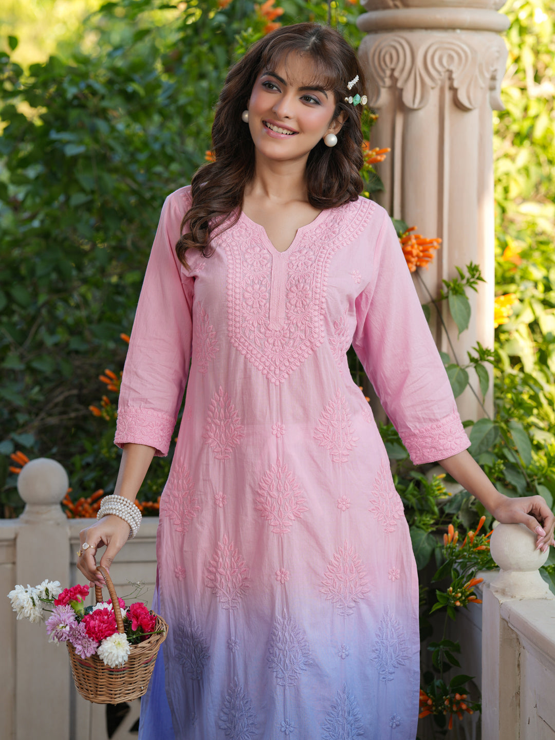 Janasya Bright Cotton Ombre Straight Kurta 