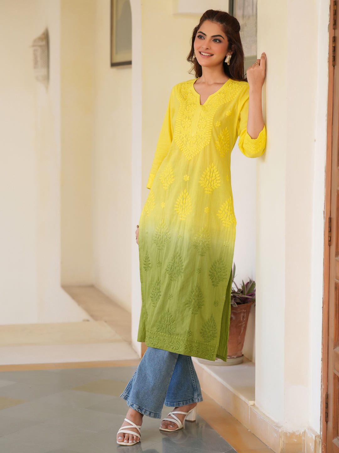 Janasya Bright Cotton Ombre Straight Kurta 