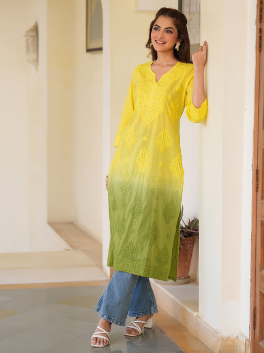 Janasya Bright Cotton Ombre Straight Kurta 